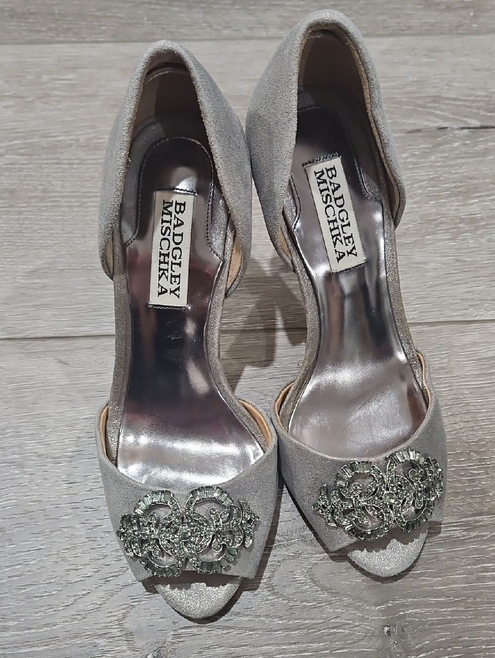 Badgley Mischka Beige Crystal-Embellished Peep-Toe Heels